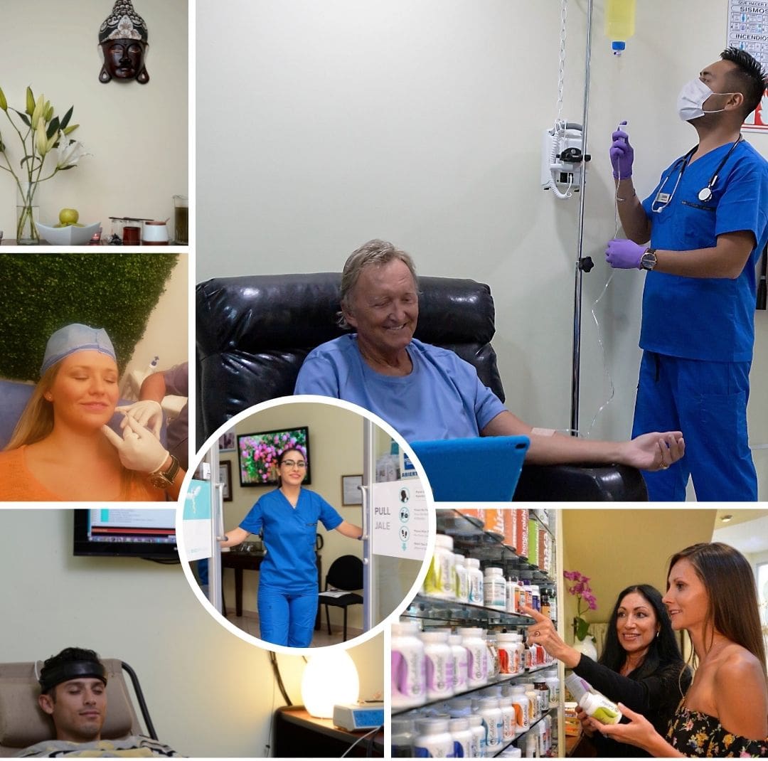 Collage of pictures of the alternative treatments, medical team, and patients of Holistic Bio Spa